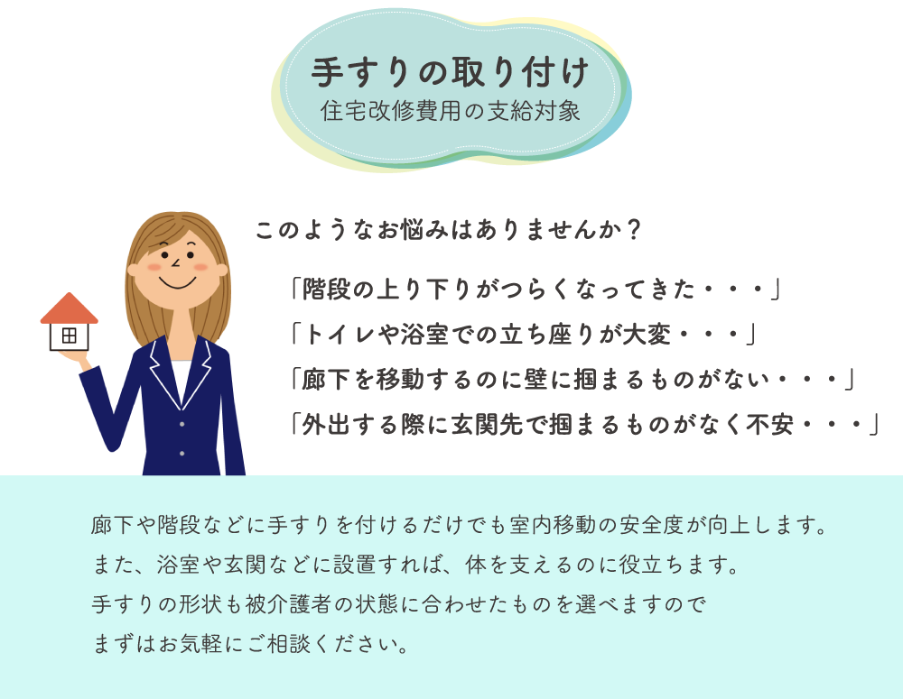 手すりの取り付け／住宅改修・リフォーム。このようなお悩みはありませんか？「階段の上り下りがつらくなってきた・・・」「トイレや浴室での立ち座りが大変・・・」「廊下を移動するのに壁に掴まるものがない・・・」「外出する際に玄関先で掴まるものがなく不安・・・」廊下や階段などに手すりを付けるだけでも室内移動の安全度が向上します。また、浴室や玄関などに設置すれば、体を支えるのに役立ちます。手すりの形状も被介護者の状態に合わせたものを選べますのでまずはお気軽にご相談ください。