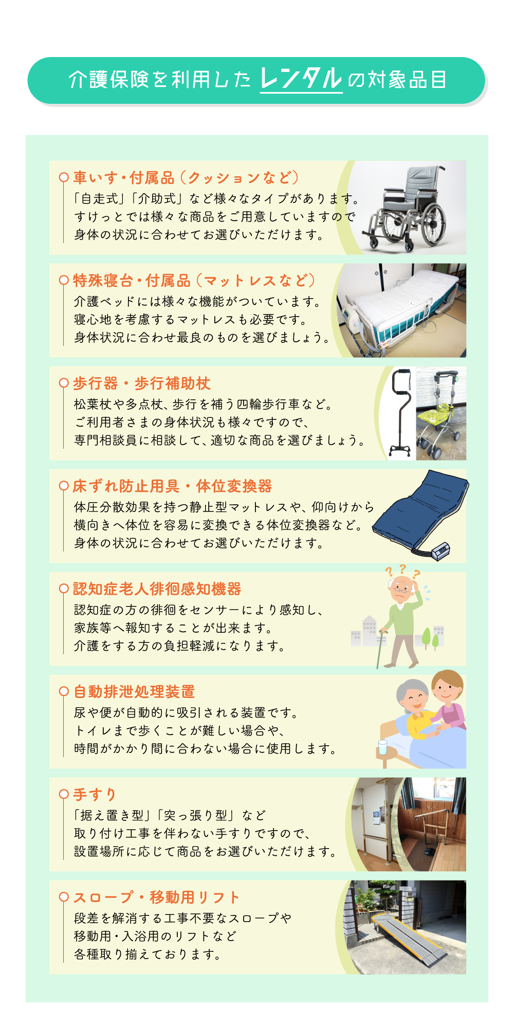 株式会社すけっと-福祉用具レンタル・販売／介護保険を利用したレンタルの対象品目／・車いす・付属品（クッションなど）／「自走式」「介助式」など様々なタイプがあります。すけっとでは様々な商品をご用意していますので身体の状況に合わせてお選びいただけます。・特殊寝台・付属品（マットレスなど）／介護ベッドには様々な機能がついています。寝心地を考慮するマットレスも必要です。身体状況に合わせ最良のものを選びましょう。・歩行器・歩行補助杖／松葉杖や多点杖、歩行を補う四輪歩行車など。ご利用者さまの身体状況も様々ですので、専門相談員に相談して、適切な商品を選びましょう。・床ずれ防止用具・体位変換器／体圧分散効果を持つ静止型マットレスや、仰向けから横向きへ体位を容易に変換できる体位変換器など。身体の状況に合わせてお選びいただけます。・認知症老人徘徊感知機器／認知症の方の徘徊をセンサーにより感知し、家族等へ報知することが出来ます。介護をする方の負担軽減になります。・自動排泄処理装置／尿や便が自動的に吸引される装置です。尿や便が自動的に吸引される装置です。時間がかかり間に合わない場合に使用します。・手すり／「据え置き型」「突っ張り型」など取り付け工事を伴わない手すりですので、設置場所に応じて商品をお選びいただけます。・スロープ・移動用リフト／段差を解消する工事不要なスロープや移動用・入浴用のリフトなど各種取り揃えております。